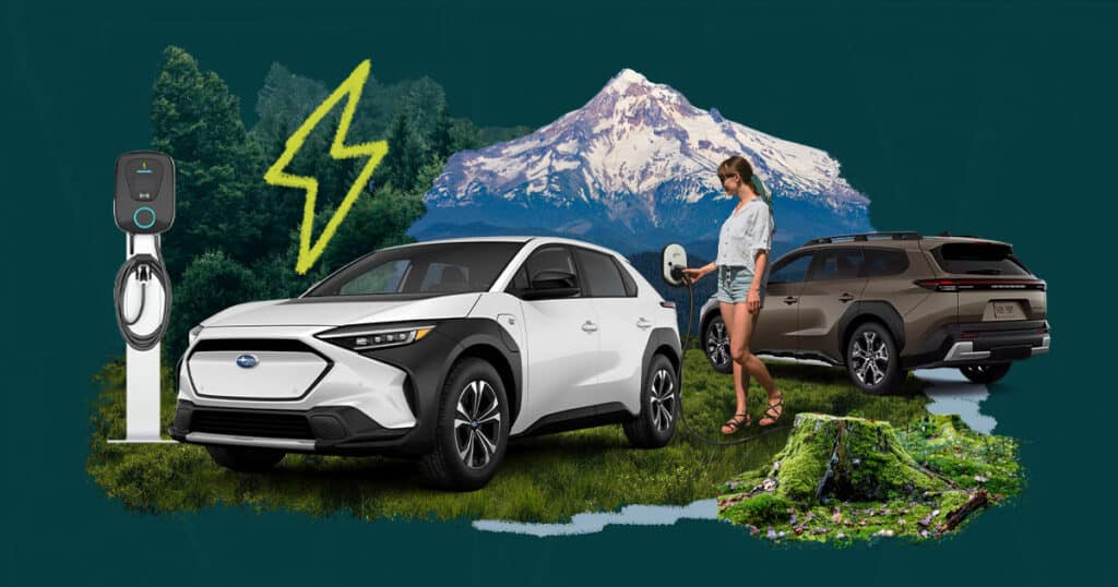 Electric vehicles charging in front of a Pacific Northwest mountain landscape for the PNW Climate Week EV Ride & Drive event.