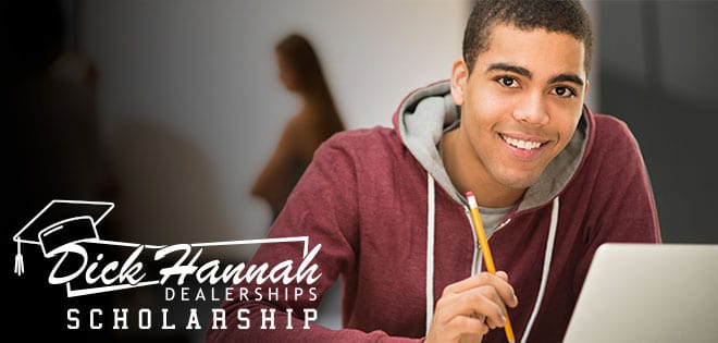 Dick Hannah Dealerships Scholarship logo over image of a student looking up from a computer and smiling with a pencil in hand.